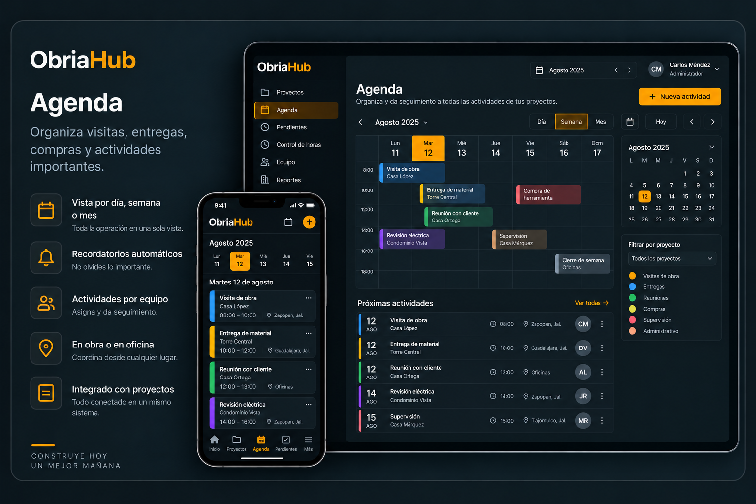 Vista de agenda y actividades en ObriaHub