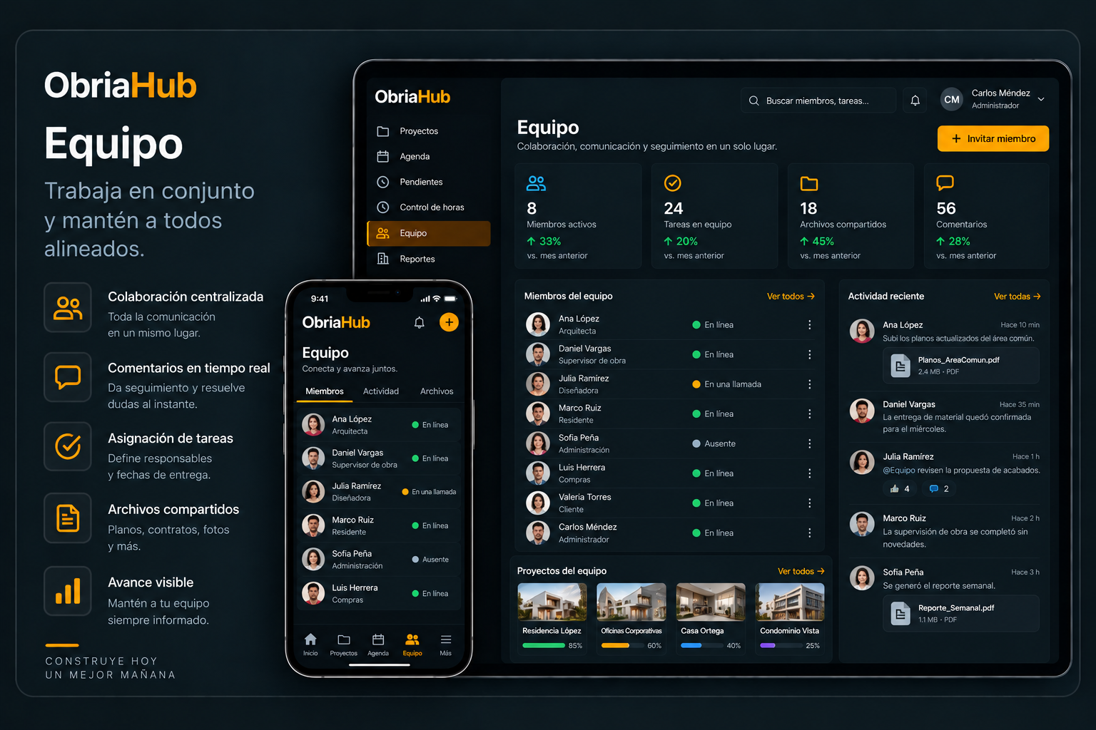 Vista de equipo y roles de ObriaHub