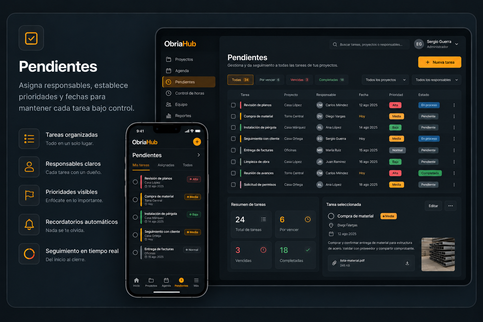Vista de pendientes, prioridades y responsables en ObriaHub