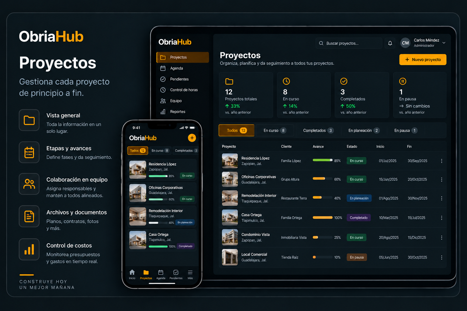 Vista de ObriaHub para gestión y seguimiento de proyectos